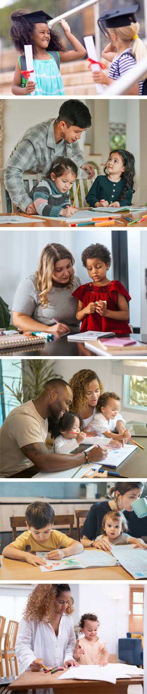 Six photos of families with parents and kids interacting and learning